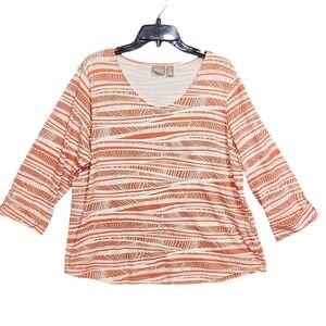 Chico's Women's Top Size 3 Orange‎ White 3/4 Sleeve Abstract Print Blouse XL/16